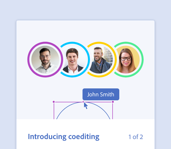 Example of a don't guideline. UI mockup titled 'Introducing coediting' (step 1 of 2), showing four overlapping circular avatar photos in different colored rings (purple, blue, yellow, green), with a cursor hovering over the first avatar and a tooltip displaying the name 'John Smith,' connected by a curved line indicating a hover interaction.