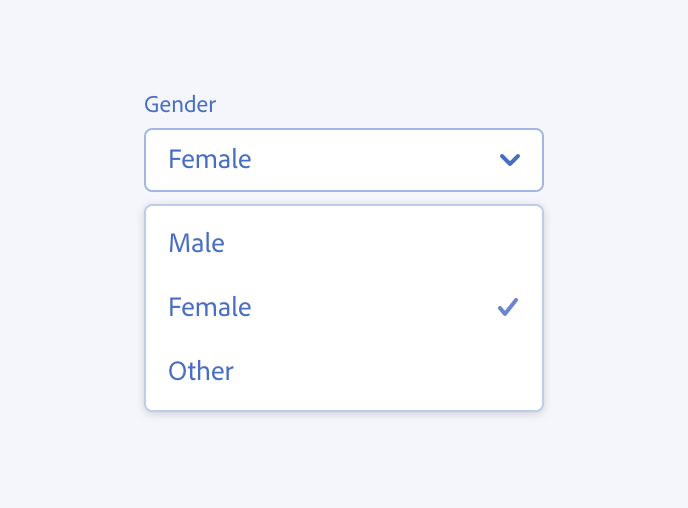 Example of a don't guideline. UI mockup of a 'Gender' dropdown field, open to show three options: Male, Female (currently selected, indicated by a checkmark), and Other.
