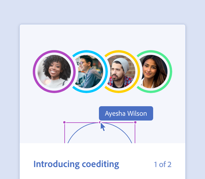 Example of a do guideline. UI mockup titled 'Introducing coediting' (step 1 of 2), showing four overlapping circular avatar photos in different colored rings (purple, blue, yellow, green), with a cursor hovering over the first avatar and a tooltip displaying the name 'Ayesha Wilson,' connected by a curved line indicating a hover interaction.