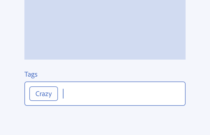Example of a don't guideline. UI mockup showing a form with a large placeholder image area, a 'Tags' label, and a text input field containing a single tag chip labeled 'Crazy' with an active text cursor.