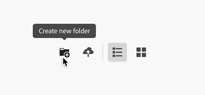 Example of a tooltip. Four icons, a file folder with a plus sign, a cloud with an arrow pointing to it, a bulleted list, and four squares. Tooltip indicating the bulleted list icon, label List view.