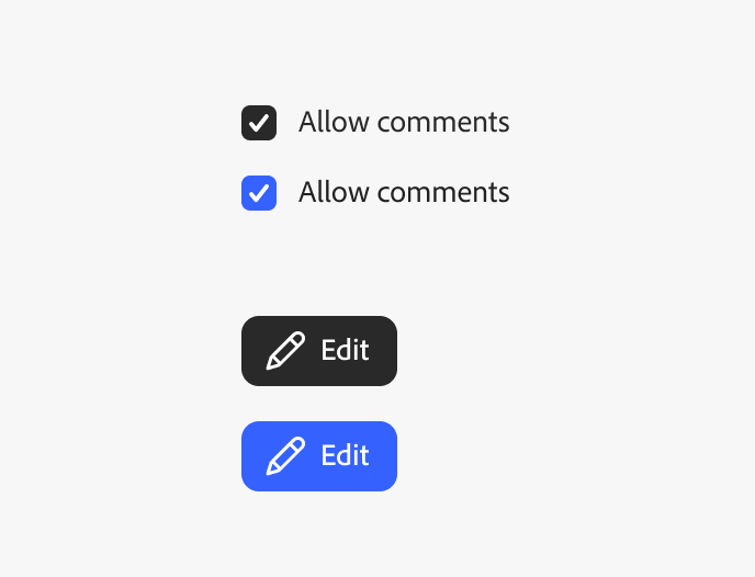 Key example showing the selected state of a sampling of two components, the checkbox and action button. Selected states can be either gray-800 or the accent color in some cases.