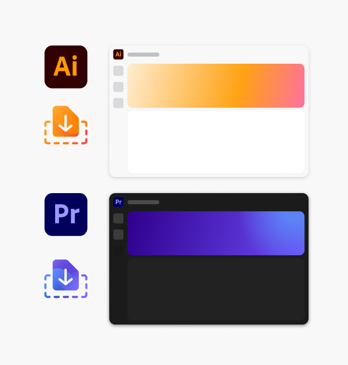 Example of correct usage of gradient backgrounds that reflect the colors of their associated product. First example, Illustrator uses the brand color palette, mainly orange, in its gradient. Second example, Premiere Pro uses the brand color palette, mainly purple, in its gradient.