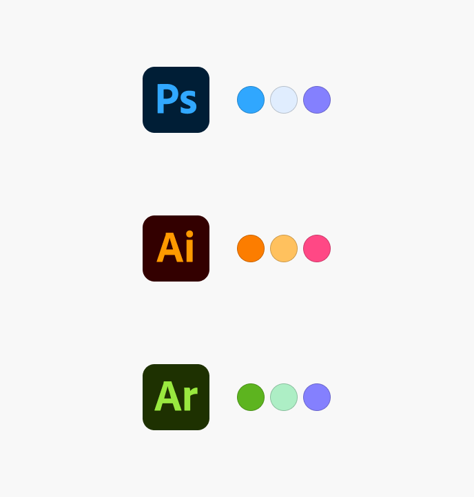 Example of correct usage of gradient backgrounds that reflect the colors of their associated product. First example, Photoshop uses the brand color palette, mainly blue, in its gradient. Second example, Illustrator uses the brand color palette, mainly orange, in its gradient. Third example, Aero uses the brand color palette, mainly green, in its gradient.