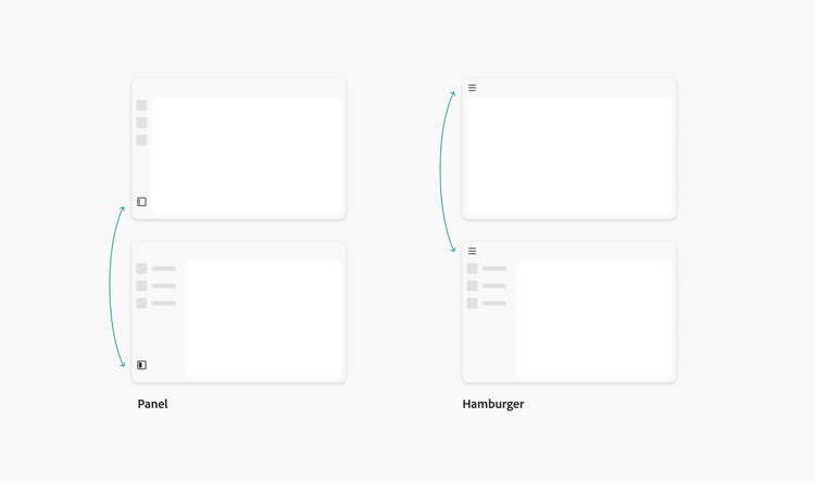 Two diagrams showing the difference between the side navigation state control. One is of panel icon and the other is of the hamburger icon.
