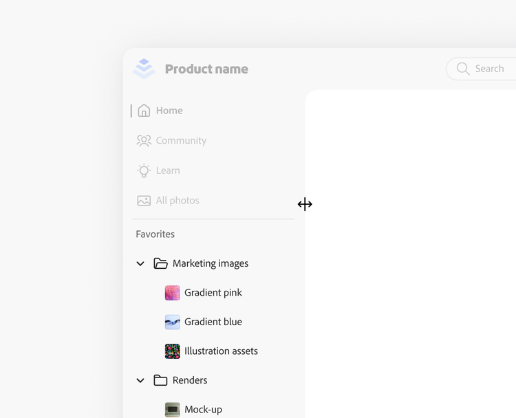 Example of correct usage of side navigation resizing for user-generated content. In the app frame side navigation, a section titled Favorites includes three folders, two folders in an expanded state, Marketing images and Renders. The items include the full names of the items in the folders, and are not truncated.
