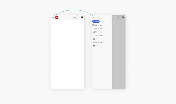 Example of how the hamburger menu opens the tray and interacting with the close button will close the tray.