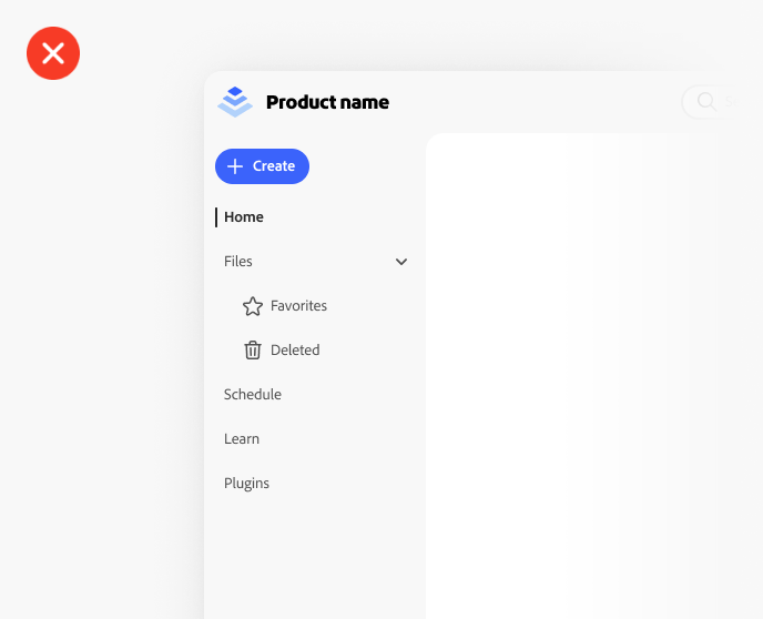 Example of incorrect usage of no icons in the first level of the app frame side navigation.