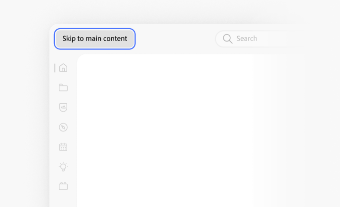 Example of correct usage, inclusion of a Skip to main content button within the app frame header.