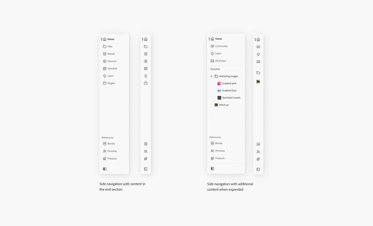 Diagram of two examples of the side navigation for the app frame, browsing context. First example, side navigation with content in the end section. Second example, side navigation with additional content when expanded.