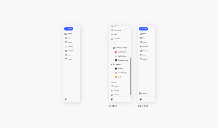 Examples of side navigation using dividers separating the state control from other item. The first has no dividers. The second displays overflow with a divider, where there are too many items and the scrollbar appears. The third has an optional end section with a divider.