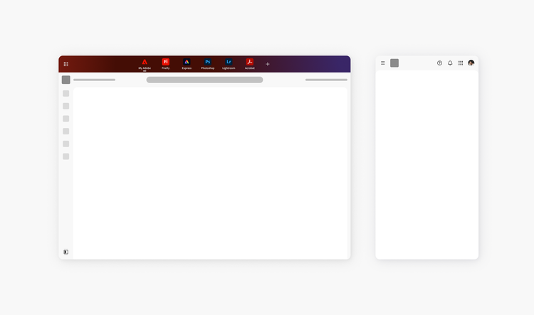 Examples of the product switcher in different places. One example of the Top App Bar (TAB) active at the top of the viewport with the panel icon state switcher at the end of the side navigation section. Another example is the mobile experience with the hamburger icon state switcher and the product switcher in the header.