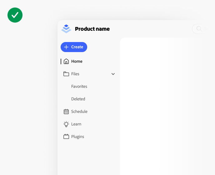 Example of correct usage of icons in the first level and no icons in the second level of the app frame side navigation.