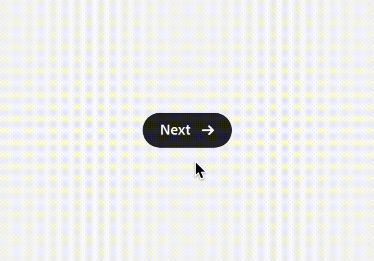 A black pill-shaped 'Next' button with a right arrow icon, shown with a cursor positioned just below it, before hover.