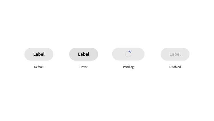 Row of four labeled buttons demonstrating default, hover, pending, and disabled states.