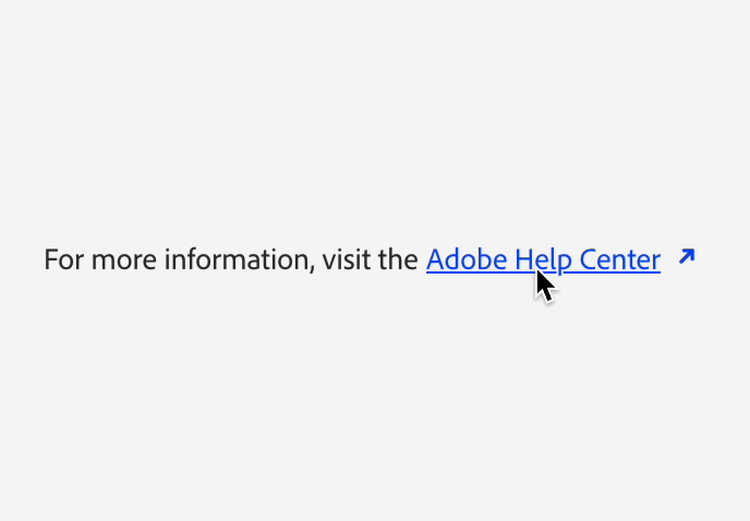 The same 'Adobe Help Center' link, now with the cursor positioned directly on the link text in a hover state.