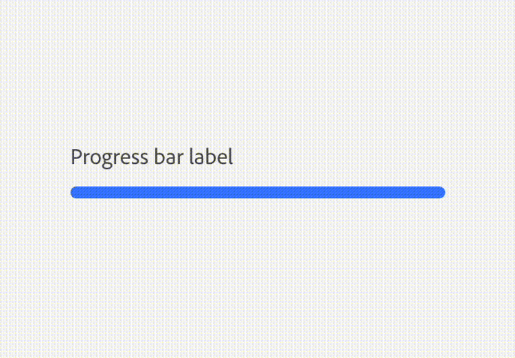A labeled progress bar reading "Progress bar label," fully filled in blue from end to end, indicating 100% completion.