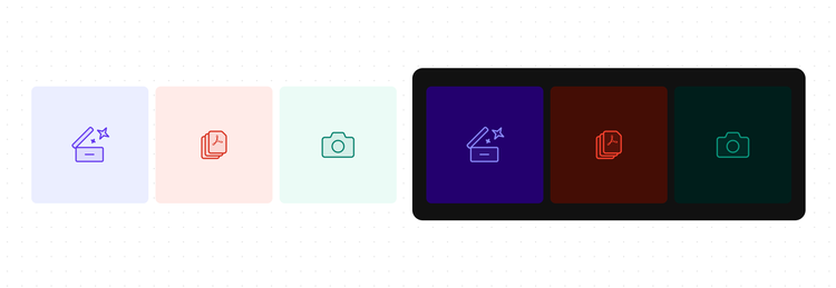 Three pairs of icon swatches (a crop/sparkle tool, a PDF document stack, and a camera) shown first on light tinted backgrounds in purple, red, and green, then on matching dark backgrounds grouped within a black container.