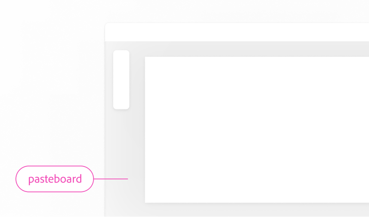 The same UI mockup with a light gray toolbar and content area, with the outermost background area labeled 'pasteboard.'
