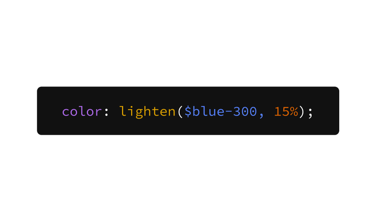 Example of a incorrect usage. A code snippet reading 'color: lighten($blue-300, 15%);' showing a color token being programmatically modified rather than used as-is.