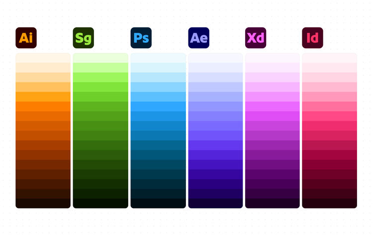 Six vertical color ramps labeled with Adobe app icons (Ai, Sg, Ps, Ae, Xd, Id), each transitioning from a light tint at top to a dark shade at bottom in the app's brand color: orange, green, blue, indigo, magenta, and pink/red.