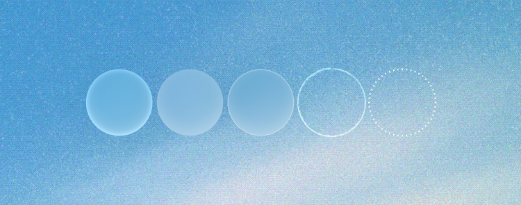 Five circles in a row transitioning from a solid saturated blue on the left to a faint dotted outline on the right, illustrating a fading or transparency progression, on a matching blue-to-white gradient background.