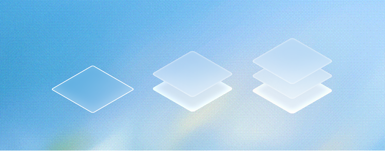 Three groups of flat diamond shapes with increasing stacked layers from left to right (one, two, and three layers), in translucent blue-to-white tones on a matching gradient background, illustrating layered surface elevation.