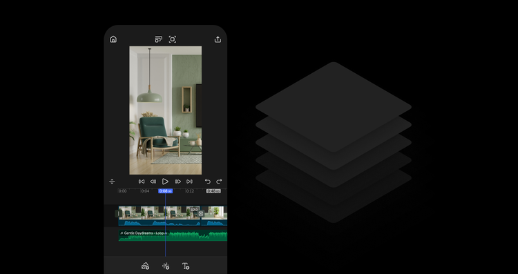 Dark-themed video editing interface showing a home interior design scene in the player, with timeline containing video clips and audio waveform below, and a 3D layers panel on the right side.