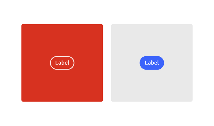 Example of a correct usage. Two colored squares, one red and one light gray, each containing a pill-shaped 'Label' button in a matching or complementary hue with adequate contrast.
