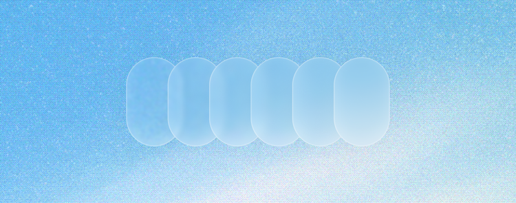 Six overlapping pill-shaped panels in a gradient from saturated blue to near-white, arranged in a row on a matching blue-to-white gradient background, illustrating a scale or progression of gray/tint values.