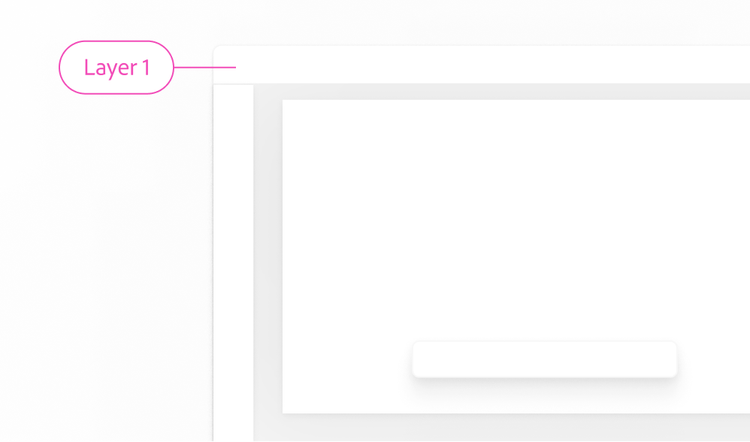 The same UI mockup with a toolbar, content area, and floating button, with the white toolbar area labeled 'Layer 1.