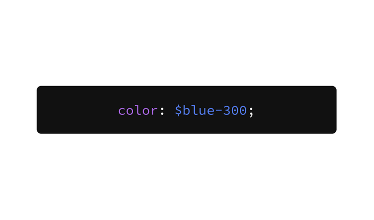 Example of a correct usage. A code snippet reading 'color: $blue-300;' showing direct use of a color token variable.