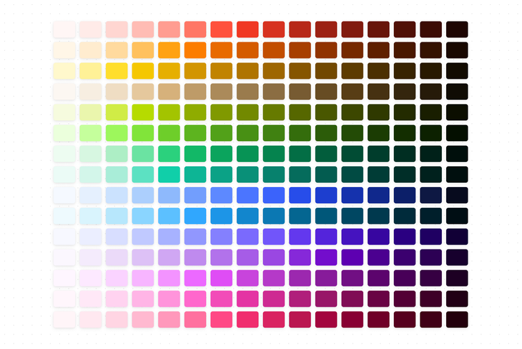 A large grid of color swatches showing 15 hue rows (red, orange, yellow, brown, chartreuse, green, teal, cyan, blue, indigo, purple, magenta, fuchsia, pink, and crimson) each with 16 columns transitioning from light to dark.