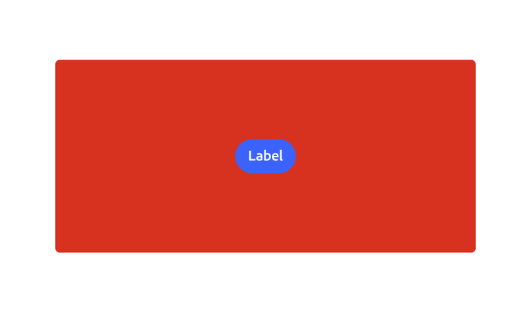 Example of a incorrect usage. A red rectangle containing a blue pill-shaped 'Label' button, showing a jarring hue and saturation clash between the background and button.