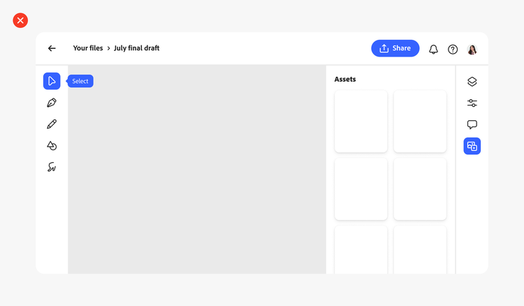 Example of a product canvas with a lefthand navigation with action buttons, asset panel, and header bar with a Share button, notifications, help, and a user avatar, and a righthand navigation with more action buttons. The Share button and two other action buttons are all in blue, making it difficult to identify the primary action for the page.