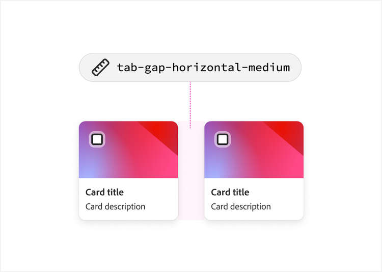Diagram showing the token "tab-gap-horizontal-medium" pointing to the pink-highlighted gap between two colorful gradient card components, each with a card title and description.