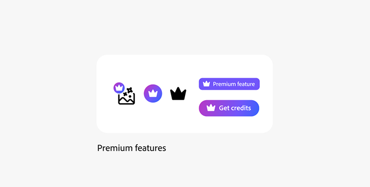 Icons and buttons showcasing premium features, including a crown, image badge, and gradient