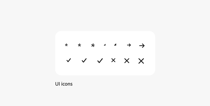 Various examples of UI icons, including asterisks, hold affordances, and checkmarks.