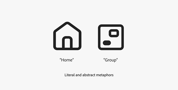Examples of literal and abstract metaphors. Literal metaphor, house icon represents the concept of Home. Abstract metaphor, an icon with an assemblage of squares represents the concept of Group.