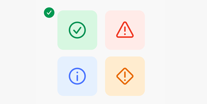 Four status icons: green check, red warning triangle, blue info circle, orange caution diamond, each in colored square backgrounds.