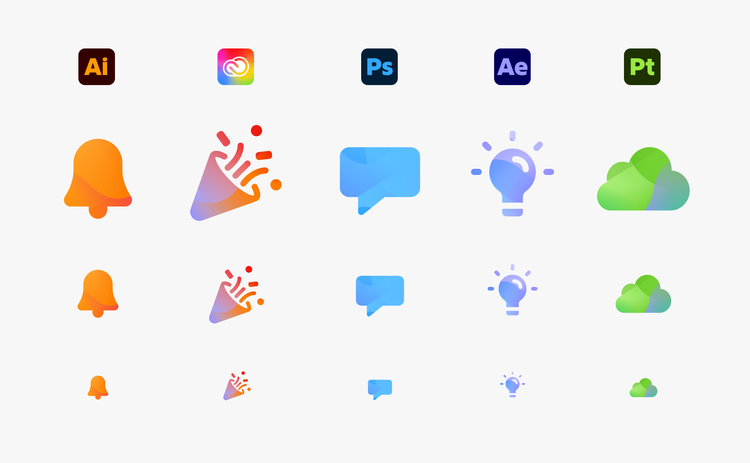 Grid of app icons and colorful symbols, including bells, confetti, chat bubbles, lightbulbs, and clouds, in varied sizes and styles.