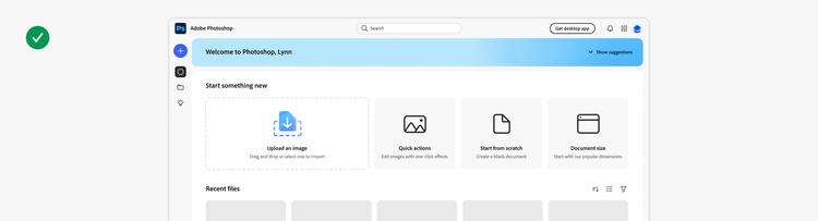 Photoshop welcome screen with options to upload an image, quick actions, start from scratch, and set document size.