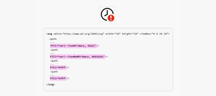 SVG code snippet with a clock icon and red exclamation mark, highlighting fill attributes for primary and red colors.