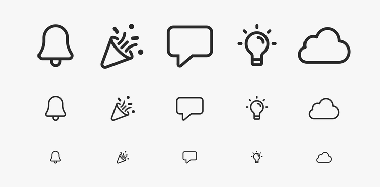 Five examples of different Spectrum 2 linear illustrations in the three sizes, large, medium, and small. A notifications bell, a celebratory confetti popper, a comment bubble, a lit light bulb, and a cloud.