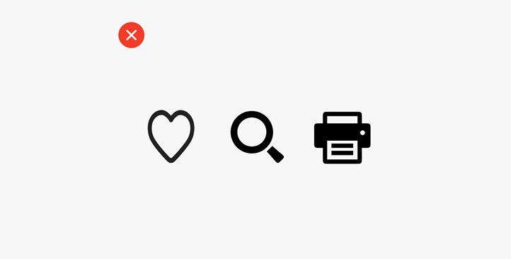 Key example of usage guideline about creating icons. Incorrect usage, modifying the width, size, shape, stroke thickness, or color of Adobe icons.