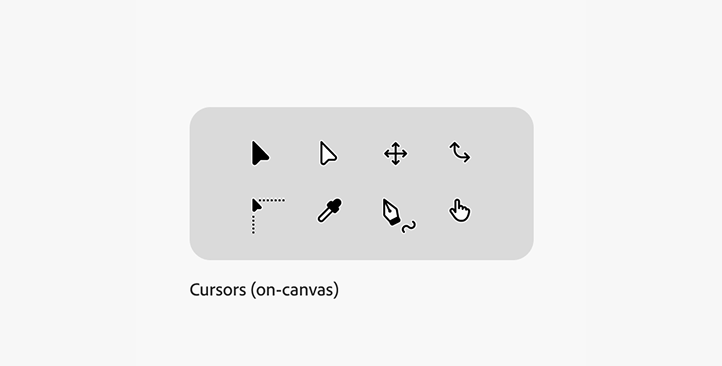 A grid of 8 cursor icons on a gray background, including arrow, move, rotate, selection, eyedropper, pen tool, and hand pointer.