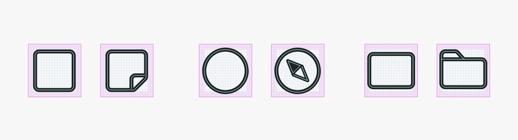 Three examples of key shapes in Spectrum 2 icons, square, circle, and rectangle. A square becomes a document icon. A circle becomes a compass icon. A rectangle becomes a file folder icon.