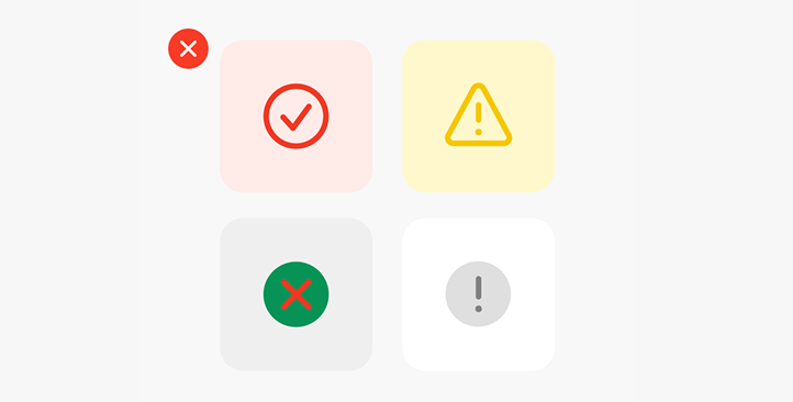 Four status icons: red checkmark, yellow warning triangle, green X, and gray exclamation mark, each in colored square backgrounds.