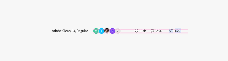 Chart showing the alignment of quiet action buttons to avatar, and a label in Adobe Clean typeface, regular, size 14.