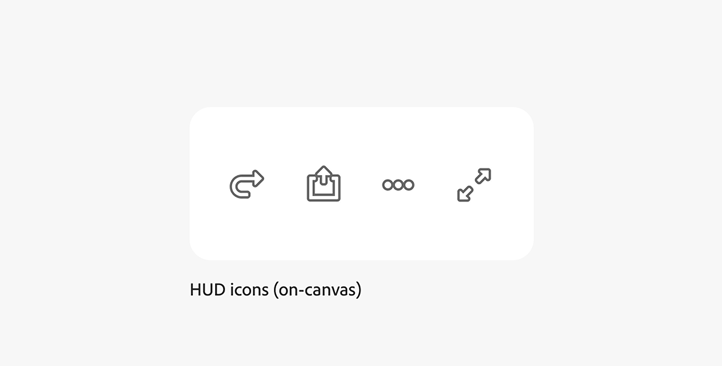 Examples of HUD icons in an on-canvas experience, using an outlined style, such as a expand arrow set and a share action.